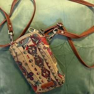 Sakroots Beige Patterned Crossbody Phone Pouch/Wallet with Tan Strap